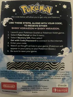 POKEMON SCARLET / VIOLET -SHINY MIRAIDON OR SHINY KORAIDON CODE CARD UNSCRATCHED - Image 2
