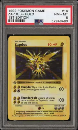 1st Edition Shadowless Zapdos 16/102 Base Set Pokemon Card PSA 8 - Image 3