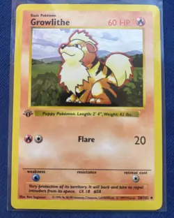 1999 Pokemon GROWLITHE 28/102 1st Edition Shadowless Base Set NM Very Clean - Image 1
