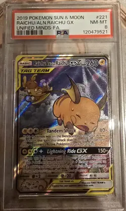 2019 Pokemon Sun & Moon Unified Minds Raichu & Alolan Raichu #221 PSA 8 NM-MT - Image 1