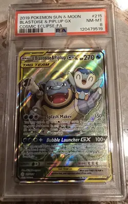 2019 Pokemon Sun & Moon Cosmic Eclipse Blastoise & Piplup Gx #215 PSA 8 NM-MT - Image 1