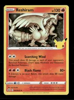 Reshiram Holo Holo Rare Celebrations 002/025 NM Pokemon NM - Image 1