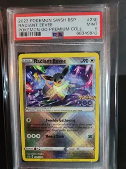 PSA 9 MINT Radiant Eevee SWSH230 PREMIUM COLLECTION HOLO Pokemon Go! Card - Image 1