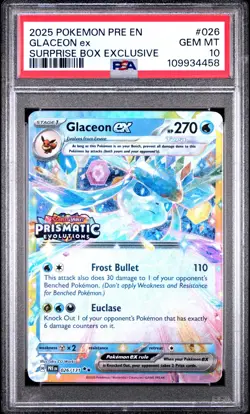 2025 Pokemon Prismatic Evolutions Glaceon ex Surprise Box Promo #026 PSA 10 #458 - Image 1