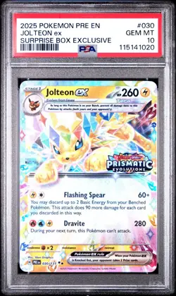 2025 POKEMON PRISMATIC EVOLUTIONS 030 JOLTEON EX SURPRISE BOX PSA 10 #020 - Image 1