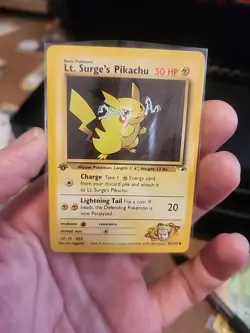 Lt. Surge's Pikachu Pokemon Card 50 HP Lightning Tail Charge 1st Edition - Image 1