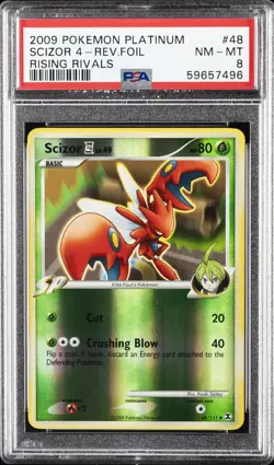 2009 POKEMON PLATINUM RISING RIVALS #48 SCIZOR 4-REVERSE FOIL PSA 8 - Image 1