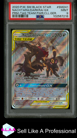 NACHTARA/DARKRAI GX PRM-TAG TEAM PWR.CLL.GER. POKEMON SM BSP 2020 SM241 PSA 9 - Image 1