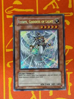 YUGIOH TETHYS, GODDESS OF LIGHT SECRET RARE MODERATE PLAY CRMS-EN095 - Image 1