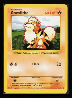 Growlithe 28/102 Uncommon Base Set (Shadowless) Pokemon Card - Image 1