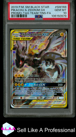 PIKACHU & ZEKROM GX PRM-TAG TEAM TINS-FA POKEMON SM BSP 2019 SM168 PSA 10 - Image 1