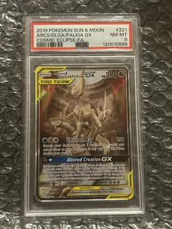 2019 Pokemon Cosmic Eclipse Arceus Dialga Palkia Tag Team GX #221/236 PSA 8 - Image 1