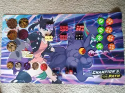 Pokemon TCG Acessory Set; Coins, dice, and playmat featuring Marnie. - Image 1