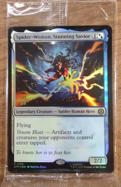 Prerelease FOIL SPIDER-WOMAN, STUNNING SAVIOR mtg SEALED Spider-Man Rare PROMO - Image 1