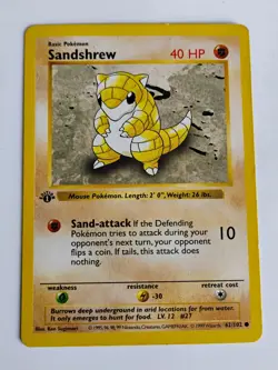 1999 Pokemon SANDSHREW Base Set 1ST EDITION Shadowless Non Holo Card 62/102 - Image 1