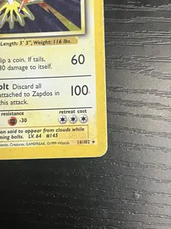 Pokemon TCG Zapdos 016/102 Base Set Unlimited Vintage Holo Rare WOTC 1999 HP - Image 5