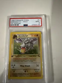1999 Pokemon Fossil Aerodactyl Holo Card #1/62, 1st Edition PSA 9 Mint - Image 1
