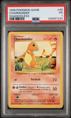 PSA 1 Charmander 46/102 SHADOWLESS Base Set 1999 Pokemon Card TCG - Image 1