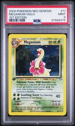 2000 Pokemon Neo Genesis Meganium #11 1st Edition Holo PSA 9 Mint graded card - Image 1