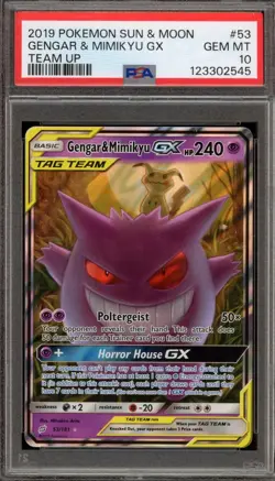 Pokemon Gengar & Mimikyu GX Team Up Holo Ultra Rare PSA 10 Chaser/Mystery Pack - Image 1