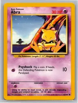 Pokemon Base Set 4th Print Card Abra 43/102 1999-2000 LP - Image 1