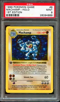 PSA 9 MINT Machamp 8/102 1st Edition Shadowless Base Set Holo 1999 Pokemon Card - Image 1