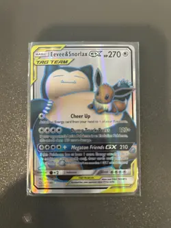 Eevee & Snorlax GX Sun & Moon Team Up Rare Tag Team Pokemon Card - LP/EX UNGRD - Image 1