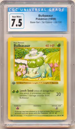 1999 POKEMON BASE SET 1ST EDITION SHADOWLESS BULBASAUR #44/102 CGC 7.5 - Image 1