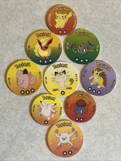 Vintage 1998 Pokemon Cardboard Coin Pog lot of 9 Pikachu Flareon Clefable 🎆 - Image 1