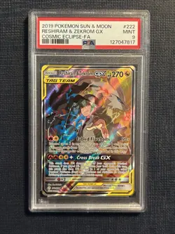 Reshiram & Zekrom GX Full Art Holo Card 222/236 Sm-Cosmic Eclipse PSA 9 - Image 1