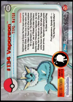 2000 Topps Pokemon TV Animation Edition Series 3 Holo Foil #134 Vaporeon - Image 2