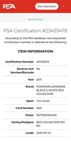 2011 Pokemon Japanese B & W 068/066 SR Terrakion EX 1st Edition PSA 10 - Image 3