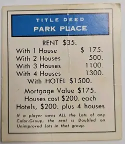 Replacement Park Place Title Deed Dark Blue Card Regular Basic Monopoly - Image 1