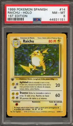 Pokemon Raichu Base Set 1st Edition SPANISH Holo Rare #14 PSA 8 - Image 1