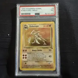 1999 Pokemon Fossil Kabutops Holo Card #9 PSA NM 7 - Image 1