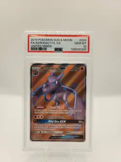 PSA 10 Gem Mint Aerodactyl GX Full Art 224 Pokemon 2019 Sun & Moon Unified Minds - Image 1