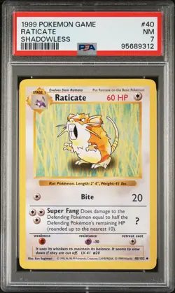 1999 POKEMON BASE SET SHADOWLESS #40 RATICATE PSA 7 - Image 1