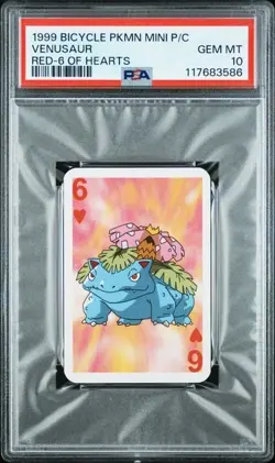 1999 BICYCLE POKEMON MINI PLAYING CARDS RED DECK VENUSAUR RED-6 OF HEARTS - Image 1