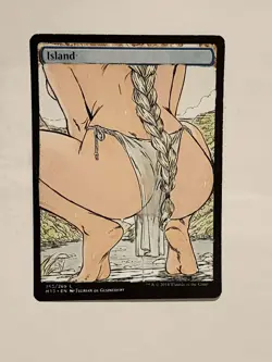 Hand Painted Altered Art Mtg land card Anime girl Island censored - Image 1