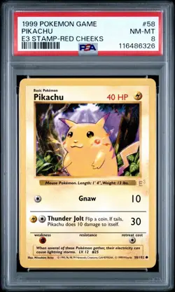 1999 POKEMON BASE SET SHADOWLESS E3 STAMP RED CHEEKS #58 PIKACHU PSA 8 - Image 1