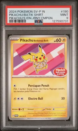 2024 POKEMON INDONESIAN JOURNEY CAMPAIGN PROMO PIKACHU IN BATIK SHIRT PSA 9 - Image 1