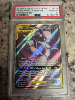 Mewtwo & Mew GX Full Art Holo Card 222/236 Sm-Unified Minds PSA 10 - Image 1