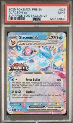 Stamped 2025 Pokemon Prismatic Evolutions GLACEON EX Surprise Box #026/171 PSA 9 - Image 1