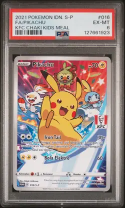 2021 POKEMON INDONESIAN S PROMO KFC CHAKI KIDS MEAL #016 FULL ART/PIKACHU PSA 6 - Image 1