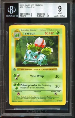 BGS 9 MINT Ivysaur 30/102 1st Edition Shadowless Base Set 1999 Pokemon Card - Image 1