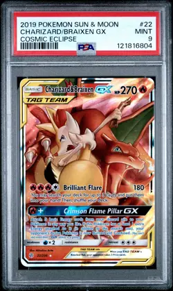 2019 POKEMON SUN & MOON COSMIC ECLIPSE #22 CHARIZARD & BRAIXEN GX PSA 9 - Image 1