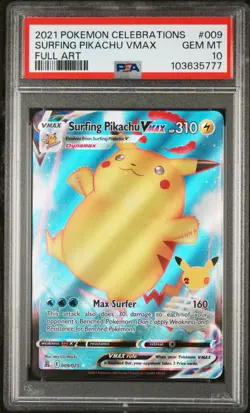 2021 POKEMON CELEBRATIONS #009 FULL ART/SURFING PIKACHU VMAX PSA 10 - Image 1
