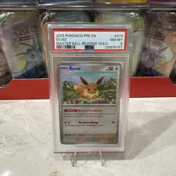 2025 Pokemon Prismatic Evolutions Eevee Reverse Holo Master Ball #074/131 PSA 8 - Image 1