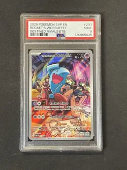 2025 POKEMON SVP DESTINED RIVALS ETB PROMO #203 TEAM ROCKET'S WOBBUFFET PSA 9 - Image 1
