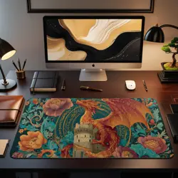 Majestic Red Dragon Castle Tower Fantasy Magic Gathering MTG Playmat - Image 2